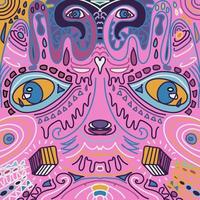hand getekende psychedelische leukste achtergrond. dier in moderne rare stijl. ogen, lijnen, pastelkleuren, hart, vierkant. vector