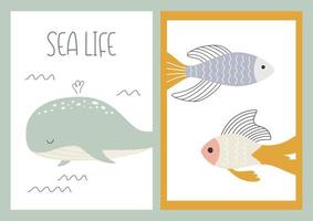 verzameling zeeposters met zeedieren. vector vis en zee walvis op een ansichtkaart. kinderen illustratie. vector illustratie