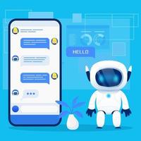 leuke chatrobot, chatbot, karaktermascotte met smartphone op blauwe achtergrond vector