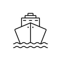 zwart cruiseschip lijn icoon. oceaanschip pictogram in vooraanzicht lineaire pictogram. vrachtboot overzicht icoon. marine teken voor vracht, passagiersreizen. bewerkbare streek. geïsoleerde vectorillustratie. vector