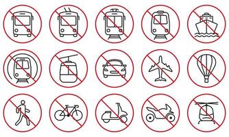 verbod trein, trolley, voertuig auto, motorfiets, tram, fiets, pendelbus, fietsstation zwarte lijn icon set. verboden weg rood stopbord. vervoer verboden pictogram. geïsoleerde vectorillustratie. vector