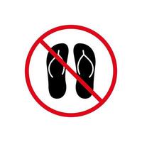 verbod flip flop pantoffel zomer zwart silhouet icoon. verboden strand sandaal pictogram. waarschuwing geen casual voet rood stop cirkel symbool. verboden flip flop slipper teken. geïsoleerde vectorillustratie. vector