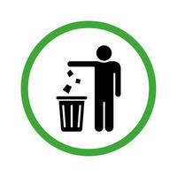 gooi afval in bin silhouet groen pictogram. verwijdering afval glyph pictogram. nette man gooit afval in kan ondertekenen. pictogram schoon houden. toegestaan afval in de prullenbak te laten vallen. geïsoleerde vectorillustratie. vector