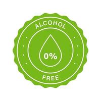 non-alcohol in schoonheidsproduct stempel. nul procent alcoholvrij groen label. geen alcohol bevatten in natuurlijke cosmetische sticker. druppel in rond zegelsymbool van niet-alcoholisch. geïsoleerde vectorillustratie. vector