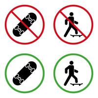 man op skateboard verboden pictogram. toegestane persoon op skate board groene cirkel symbool. geen skateboarden teken. vermelding met eco vervoer zwarte silhouet icon set. geïsoleerde vectorillustratie. vector