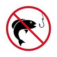 verboden vis zee pictogram. verboden vissen zeevruchten rode stop cirkel symbool. visserij verbod plaats zwart silhouet icoon. niet toegestaan vissen in meer en park rivier teken. geïsoleerde vectorillustratie. vector