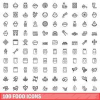 100 voedsel iconen set, Kaderstijl vector