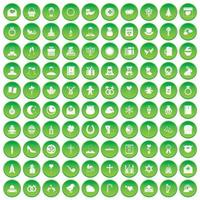 100 religieuze festivalpictogrammen instellen groene cirkel vector