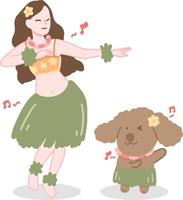 vrouw eilandbewoner dansen met hond cartoon karakter vector design