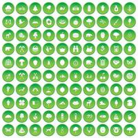 100 camping- en natuurpictogrammen instellen groene cirkel vector