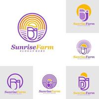 set van roos met zon logo ontwerpsjabloon. rozen boerderij logo concept vector. creatief pictogram symbool vector