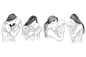 set bundel schattige moeder en baby geboren gelukkige familie moeder en kinderen vrouwen machtigen baby geboorte lijn kunst handgetekende stijl vector