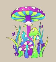 vectorkleurenillustratie van paddenstoelen, vliegenzwammen, paddenstoelen, kruiden en bloemen in felle neonkleuren vector