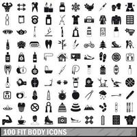 100 fit lichaam iconen set, eenvoudige stijl vector