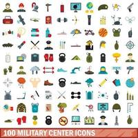 100 militair centrum iconen set, vlakke stijl vector