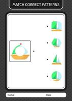 match patroonspel met zeilboot. werkblad voor kleuters, activiteitenblad voor kinderen vector