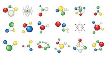 molecuul pictogrammenset, cartoon stijl vector