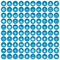 100 religieuze festival iconen set blauw vector