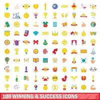 100 winnende en succes iconen set, cartoon stijl vector