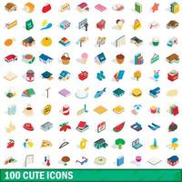 100 schattige iconen set, isometrische 3D-stijl vector