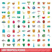 100 tropen iconen set, cartoon stijl vector