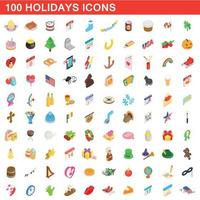 100 vakantie iconen set, isometrische 3D-stijl vector