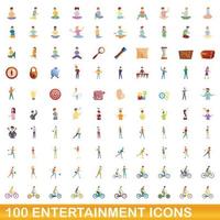 100 entertainment iconen set, cartoon stijl vector