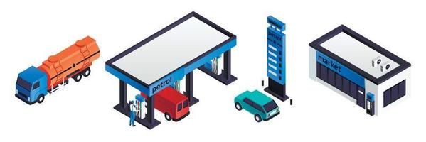 benzinestation iconen set, isometrische stijl vector