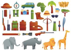 safari uitrusting iconen set, cartoon stijl vector
