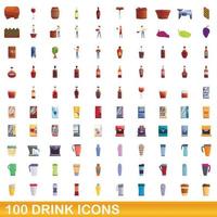 100 drank iconen set, cartoon stijl vector