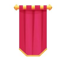 rode hangende middeleeuwse banner vlag met doek textuur en gouden decoratie in cartoon stijl geïsoleerd op een witte achtergrond. ui game-item, heraldisch ontwerpelement,. vector illustratie