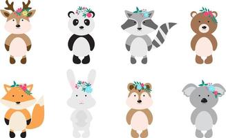 schattige dieren met bloemkroon, vectorillustratie voor kinderkamerontwerp, poster, verjaardagswenskaart. hert, panda, wasbeer, beer, vos, haas, aardeekhoorn, koala vector