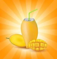 verse mangosap frisdrank met deksel aluminium blik en rietje. geïsoleerd op een oranje achtergrond. gezond fruitdrankconcept. realistische 3D-vectorillustratie eps10. vector
