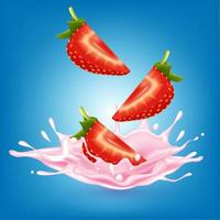 aardbei zoete roze melk met bessen en spatten realistisch, fruit en yoghurt. vector 3d illustratie.