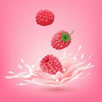 frambozen zoete roze melk met bessen en spatten realistisch, fruit en yoghurt. vector 3d illustratie.