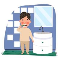 Aziatische jongen met beige pyjama zijn tanden poetsen in de badkamer. kinderen zijn hygiëne. vector
