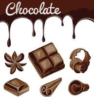 chocoladestromen, krullen, snoepjes en cacaobonen die op wit worden geïsoleerd vector