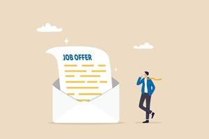 jobaanbieding of jobkans om te worden gepromoveerd of nieuwe functie voor hoger salaris, werkgelegenheid en werving, human resources-concept, zakenmankandidaat die denkt een jobaanbieding e-mailenvelop te accepteren. vector