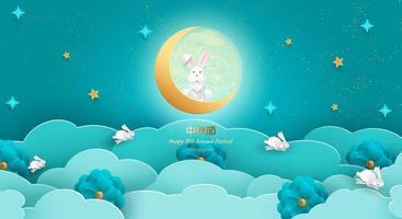 volle maan met een konijn in de wolken. springende hazen. gelukkig mid-herfst festival chuseok. vertaling van de hiëroglief mid-herfst festival. vectorillustratie.