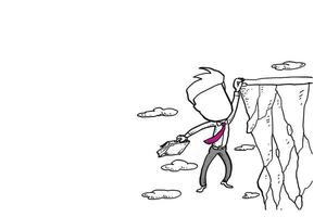 zakenman hangend aan de rand van de klif. concept van bedrijfsrisico. cartoon vector illustratie ontwerp