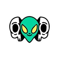 twee helften van het schedelgezicht met alien erin. illustratie voor t-shirt, poster, logo, sticker of kleding merchandise. vector