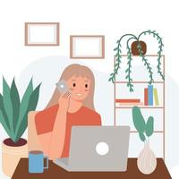 een gelukkige vrouw werkt online en zit achter haar laptop aan de telefoon. werkplek van een vrouwelijke freelancer die op afstand werkt vanuit een thuiskantoor. Thuiskantoorconcept, een vrouw die thuis werkt vector