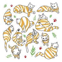 grappige gestreepte kattenset, verzameling cartoonhuisdieren, in verschillende hoeken en poses, doodle vector