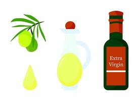 groene olijftak met fruit en olijfolie fles cartoon afbeelding geïsoleerd op een witte achtergrond. vector kleurrijke verse biologische gezonde voeding concept. logo branding ontwerpelement. olijven icon set