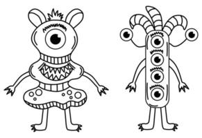 set van grappige schattige monsters, aliens of gevleugelde fantasiedieren voor kinderen kleurboeken of mode. hand getrokken lijn kunst cartoon vectorillustratie. vector