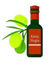 groene olijftak met fruit en olijfolie fles cartoon afbeelding geïsoleerd op een witte achtergrond. vector kleurrijke verse biologische gezonde voeding concept. logo branding ontwerpelement.