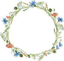 aquarel bloemenkrans met wilde kruiden. vector cirkelframe voor huwelijksuitnodigingen of wenskaarten. hand getekende ronde rand met bloemen. botanische illustratie
