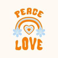 vrede liefde vectorillustratie met regenboog, bloemen en hart. leuke vintage grafische print voor t-shirt, posters, kaartontwerp. vector