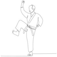 enkele lijntekening van sportieve jonge karateka-man in gevechtsuniform met riem die vechtsporten uitoefent in sportschool vectorillustratie. gezonde sport levensstijl concept. moderne doorlopende lijntekening vector