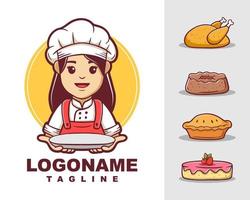 vrouwelijke chef-kok logo sjabloon, cartoon chef-kok logo vector